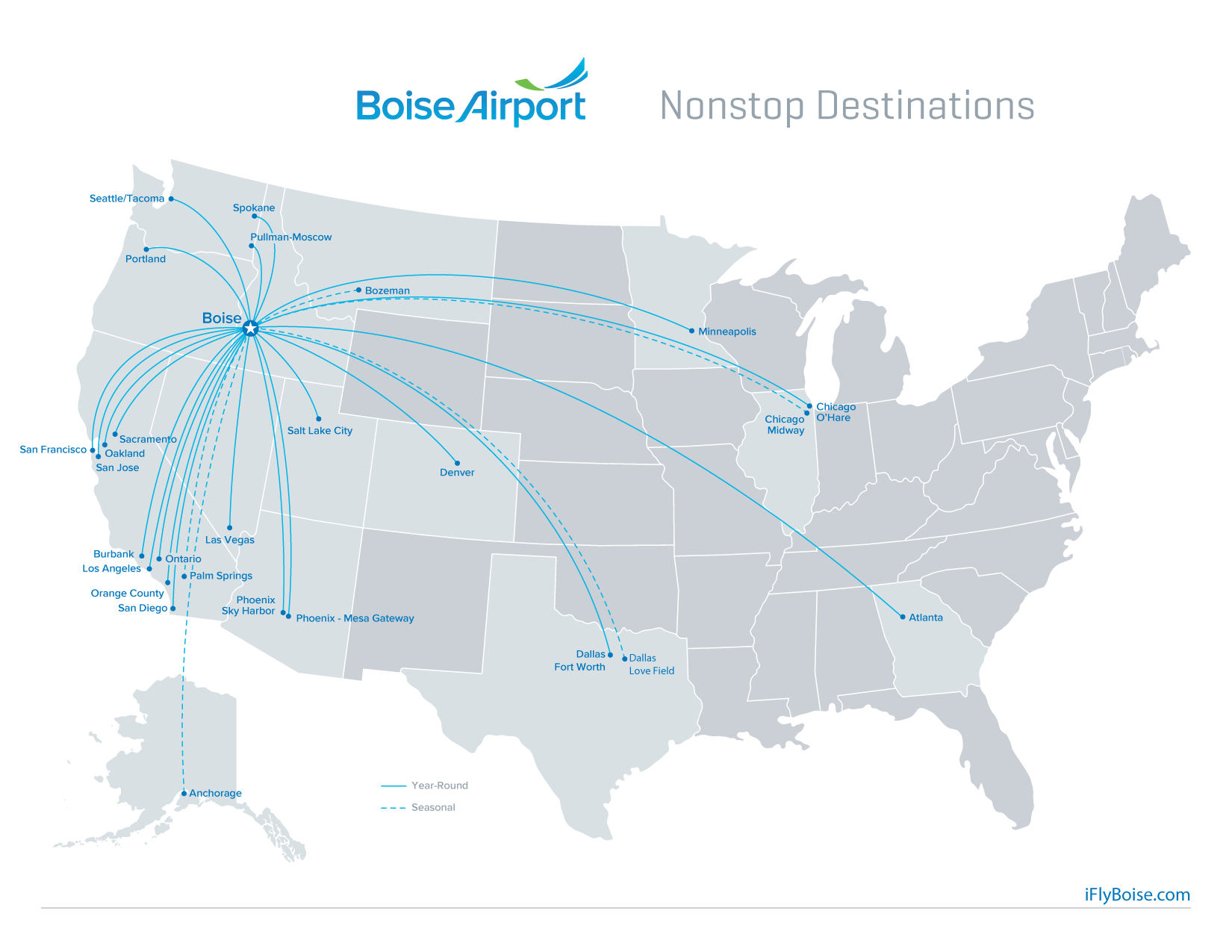 Map showing Boise Airport's nonstop destination